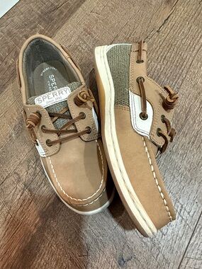 Sperry Kids Beige/Tan Leather Boat Shoes with White Accents